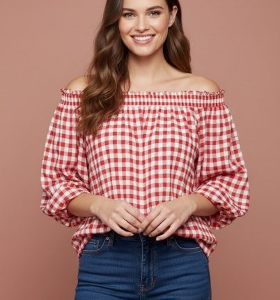 Blusa Cuadros Rojo Blanco Escote Barco